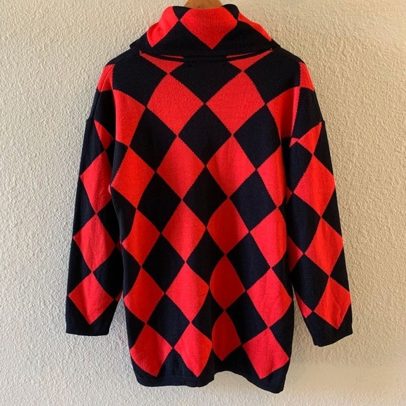 VTG 80's Evan Picone Medium Wool Blend Harlequin Black & Red Cowl Neck Sweater - Picture 11 of 12